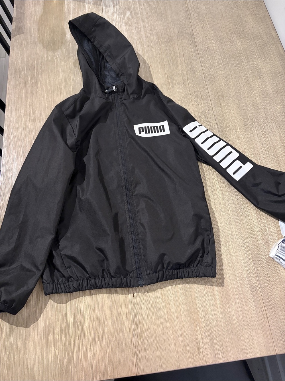 Puma Black Hooded Kids Rain Jacket with White Logo